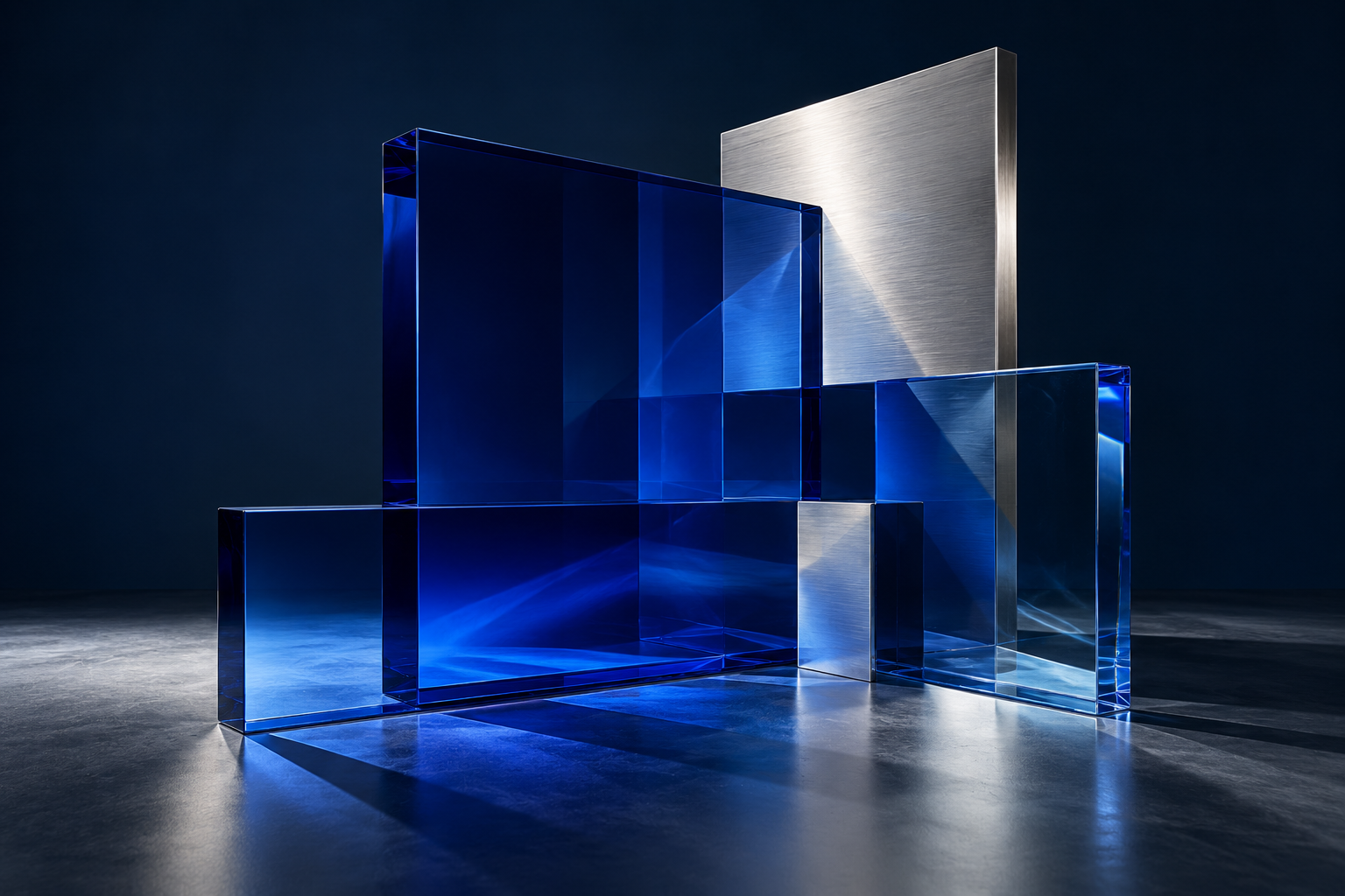 Interlocking cobalt glass and silver architectural planes